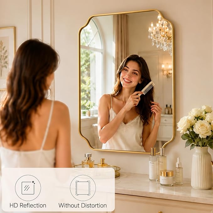 39"x29" Gold Wall Bathroom Mirror, Scalloped Edge Vanity Mirror | Hangs Vertically/Horizontally, Wooden Frame Decorative Mirror, For Vanity, Bedroom & Entryway, Aesthetic Bathroom Decor