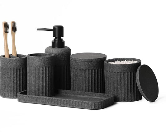 INIUNIK Bathroom Accessory Set, 6 Pieces, Dark Grey | Resin, Bathroom Accessories Set, Includes Soap Dispenser Set, Toothbrush Holders, Tumbler, Vanity Tray & 2 Qtip Holder