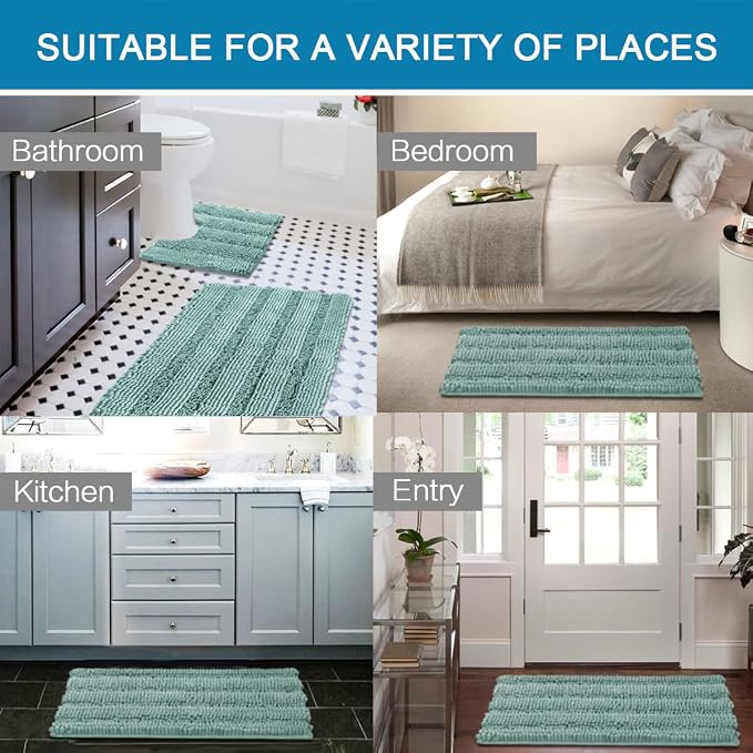 H.VERSAILTEX Bathroom Rugs Bath Rug Set 2 Piece Bathroom Contour Rug Toilet Mat Sets Non Slip Contour Bath Rug Ultra Thick Water Absorbent Striped Bath Mats(20" x 32" Plus 20" x 20" U, Eggshell Blue)