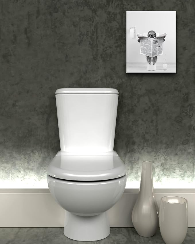 UPWOIGH Funny Sloth Bathroom Wall Art, 12 x 16 Inch Wrapped Canvas | Black and White Newspaper Scene, Playful Animal Humor for Guest Bath, Powder Room, Restroom or Small Wall Space