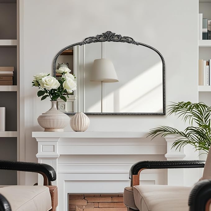 Micasso Vintage Black Arched Mirror: 32"x24" Baroque Antique Vanity Mirror | Traditional Ornate French Decorative Wall Mirror for Bedroom/Bathroom/Entryway/Hallway/Dresser/Mantel/Nightstand/Over Sink