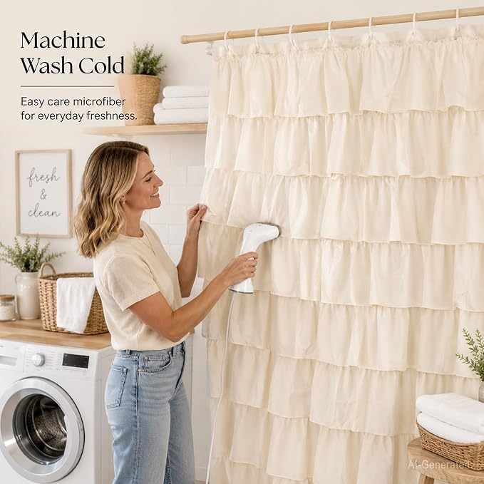 Beige Ruffle Shower Curtain for Bathroom, 72x72, Elegant Ruffled Panle | Soft Cream Color, Cascading Waterfall Ruffles, 72 x 72, 12 Hooks Included, Machine Washable, Soft Microfiber Fabric, Opaque