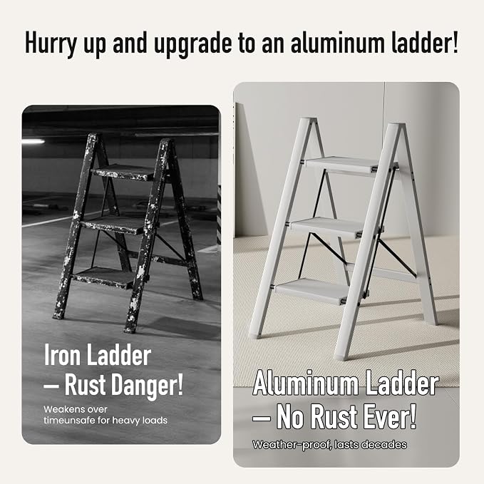 Mayi Plus 3 Step Stool Foldable, Aluminum, Lightweight Step Ladder | Extra-wide anti-slip folding steps with 330 lbs, for home,kitchen,office,outdoor,Grey