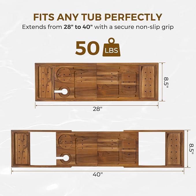 Teak Bathtub Tray Caddy, Foldable Bath Tray with Expandable Handles, Wine Glass and Phone Holders, Book Stand, for Home Spa Relaxation, Luxury Bathroom Accessories - Light Walnut Color