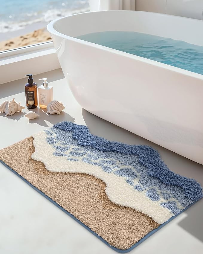 DEXI Cute Bath Mat, Sea Ocean Wave Bathroom Rugs, 34x21 Blue | Soft and Absorbent Microfiber, Non Slip, Machine Washable Bathmat for Shower Floor, Bedroom, Kids Room, Home Decor