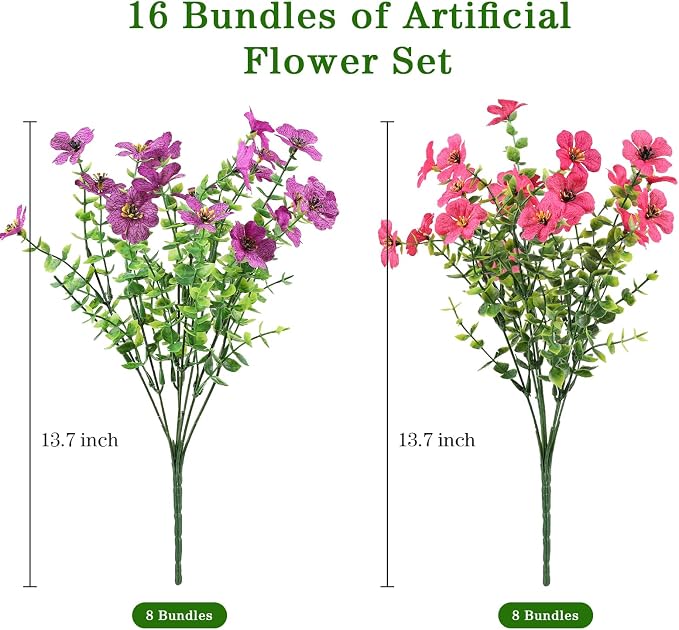 AGIRL Artificial Flowers Outdoor UV Resistant Fake Plant Garden Patio Decor | 16 Bundles,No Fade Plastic Faux Flowers for Hanging Planters front porch yard Indoor Outside,grave decorations for cemetery
