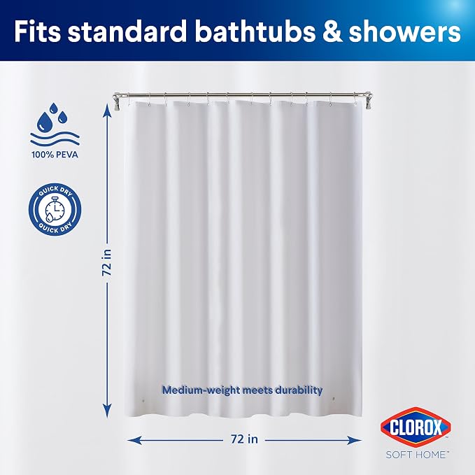 Clorox Shower Curtain Liner, Premium Medium-Weight Durable Waterproof 6g PEVA for Bathroom with Weighted Magnets, Standard Size 72" x 72", Frosty 2 Pack