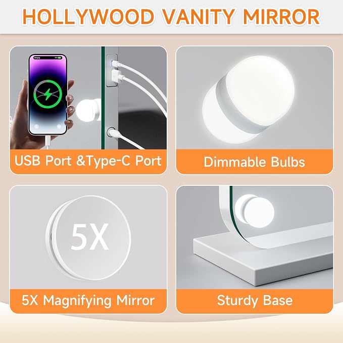 ouboyo 36''X24'' Hollywood Vanity Mirror with Lights, Lighted Makeup Mirror with 16 Dimmable LED Bulbs, 3 Color Lighting Modes & Stepless Dimming, USB & Type-C Charging Port, Wall Mounted Or Tabletop
