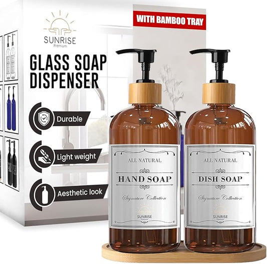 Amber Glass Soap Dispenser, Bamboo Pump with Tray, 16 oz | Amber Glass, Bamboo Pump Hand and Dish, Bathroom and Kitchen Sink use,6 Waterproof Labels Included 4 Pack