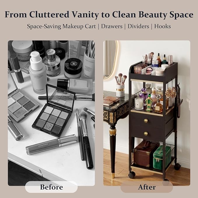 Makeup Organizer Cart, Rolling Floor Skincare Organizer and Storage with 2 Wooden Drawers, Cosmetics Display Cases Holder for Skin Care Perfume Hair Tools Nail Polish(Black&Glod)