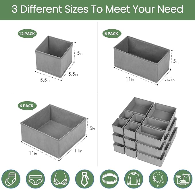 Drawer Organizer Clothes, 24 Pack Underwear Drawer Organizers, Foldable Closet Organizers and Storage Dresser Drawer Dividers Clothing Organizer for Clothes, Socks, Scarves, Bra, Ties (Grey)