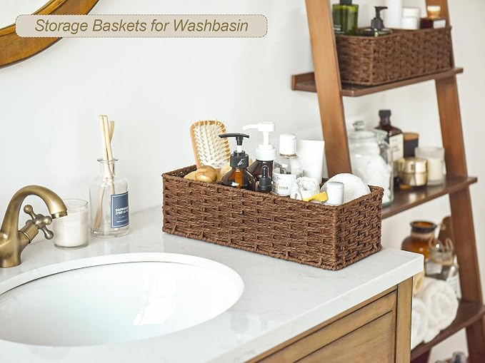 StorageWorks Toilet Paper Basket, Paper Rope Back of Toilet Basket, Walnut | Wicker Basket, Toilet Paper Storage for Back of Toilet Tank, Woven Baskets for Shelves, Wicker Baskets with 3 Compartments