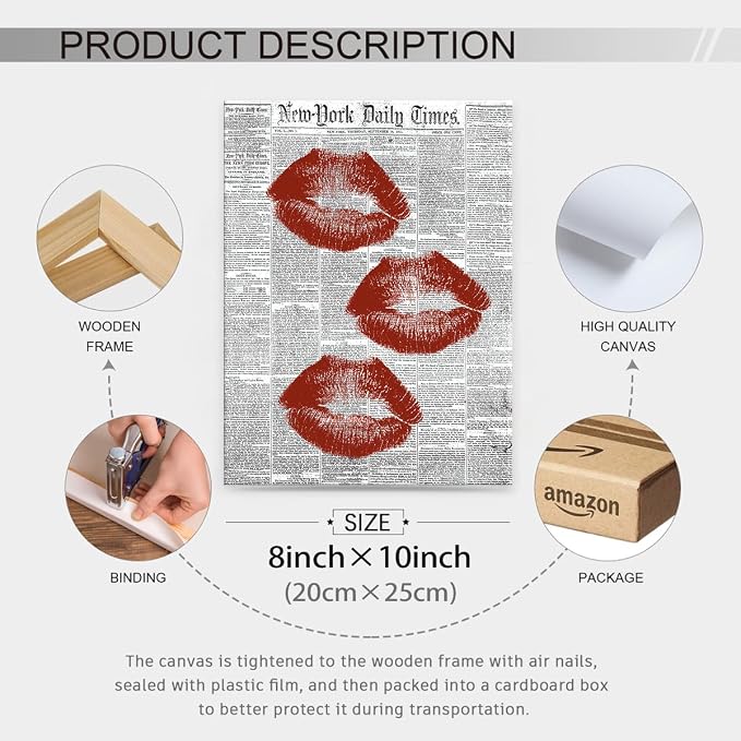 Black White Newspaper Canvas Wall Art Fashion Red Kiss Lips Aesthetic Poster 08x10 inch Framed Trendy Girly Sexy Canvas Prints for Bar Cart Makeup Room Wall Decor