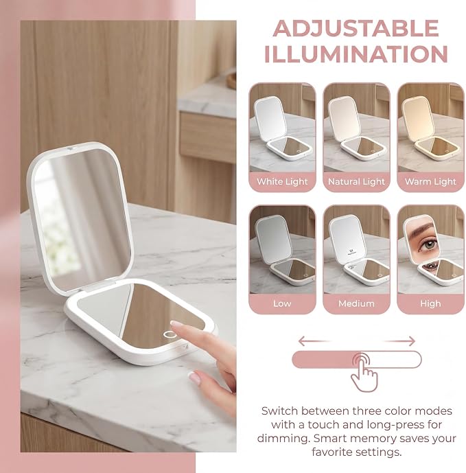 5X Magnifying Mirror, Compact Mirror for Makeup with 3 Lighting Modes and Adjustable Brightness, Portable Makeup Mirror Type-C Rechargeable, Pocket Mirror Fits in A Handbag, Gift for Girls
