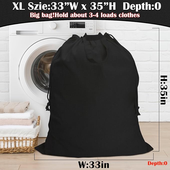Canvas Laundry Bag 33"Wx 35"H,Extra Large Heavy Duty Hamper Liner, XL Black | Thick Canvas Fabric, with Handles & Drawstring Closure, Washable Basket Liner Home Storage Sack, 1Pack