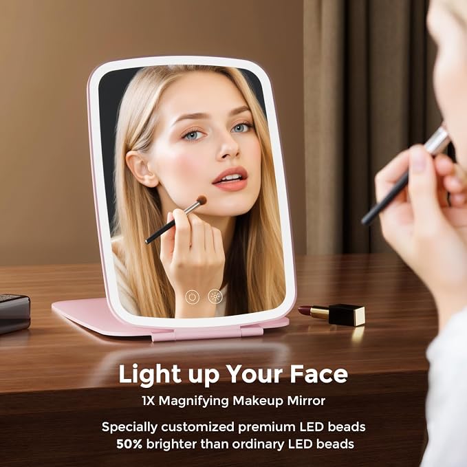 NEZZOE Portable Makeup Mirror, Large Travel Mirror with Light, 10”x7”, Pink | Foldable Makeup Mirror, 2000mAh Rechargeable Battery, 3 LED Lighting Modes, Magnetic Closure
