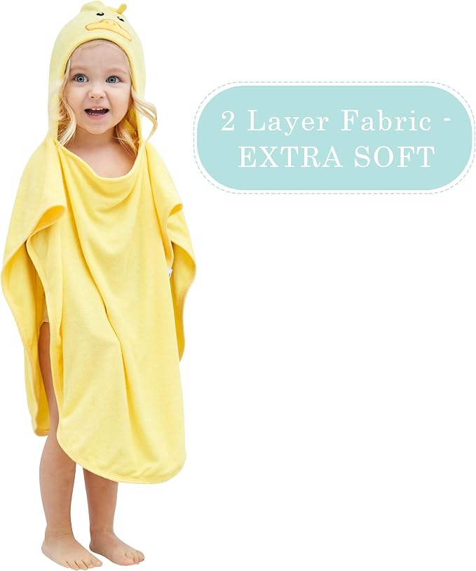 HIPHOP PANDA Ultra Soft Hooded Baby Towel - 2-Layer Thick 500GSM Absorbent | Rayon Made from Bamboo, Hooded Bath Towel for Newborn, Infant, Toddler, Baby Registry - Yellow Duck, 21.5x22.5 In
