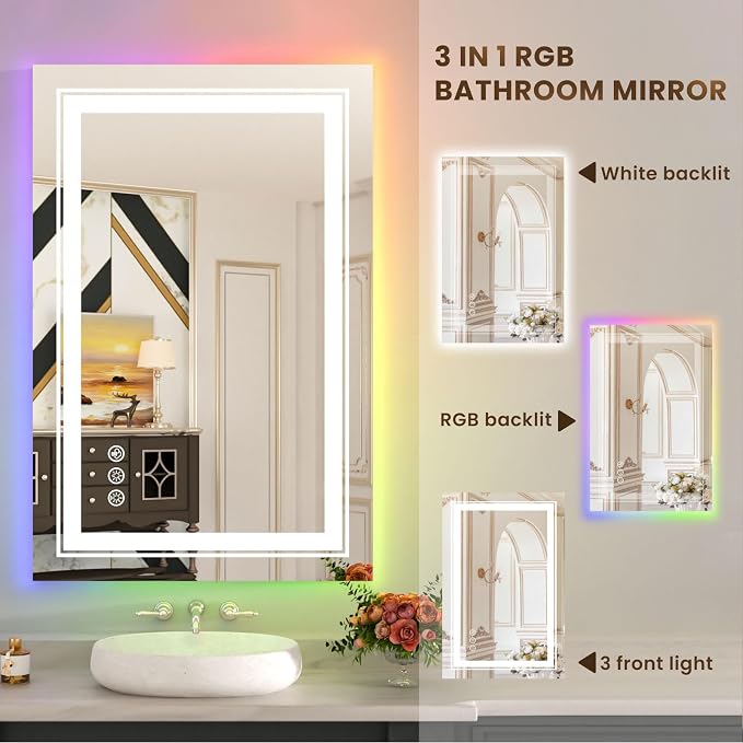 WTTY 24"x36" RGB LED Bathroom Mirror with Light | 8 Color Backlight + 3 Color Front Light, Anti-Fog, Dimmable, Memory Function, Tempered Glass, IP54 Waterproof, ETL Listed