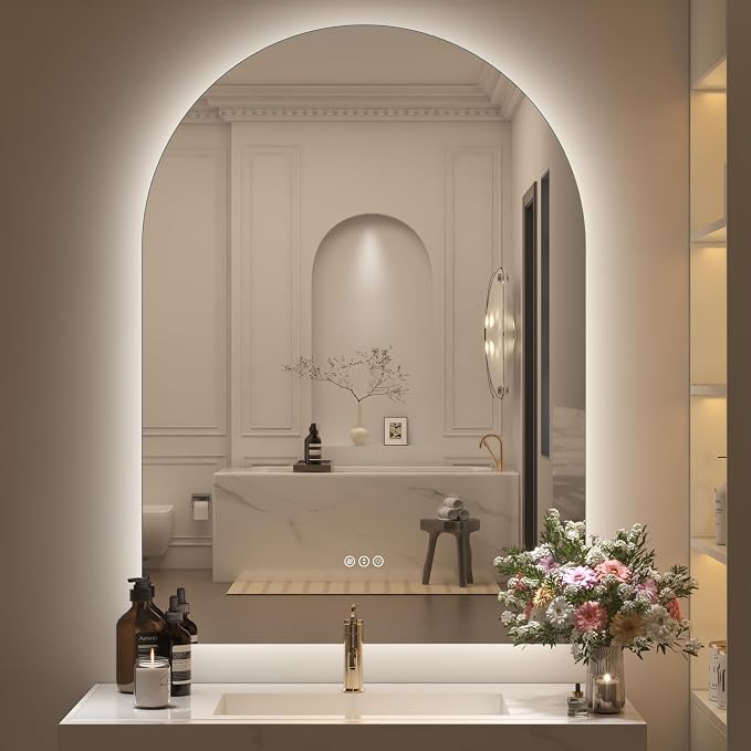 40x30 Inch Backlit Arched LED Bathroom Mirror | Dimmable Arched LED Vanity Mirror with Lights, Anti-Fog, 3 Colors, Shatterproof, Memory, ETL Listed