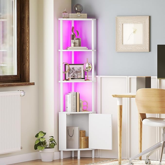 HOOBRO Corner Cabinet with LED Light, Corner Shelf Stand with Storage and Doors, 5-Tier Industrial Corner Bookshelf, 59” Tall Display Rack Shelf, for Living Room, Kitchen, White WT147DCJ01