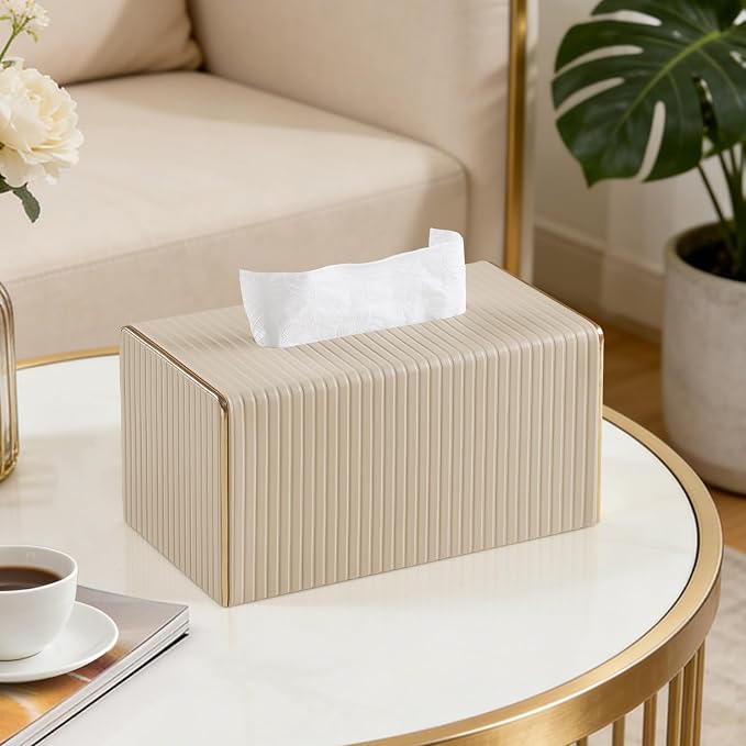 Extra Large Rectangle PU Leather Tissue Box Cover with Magnetic Closure, Decorative Tissue Holder & Storage Container for Bedroom, Living Room, Dining Room, Bathroom, Countertop, Desk & Office (Beige)