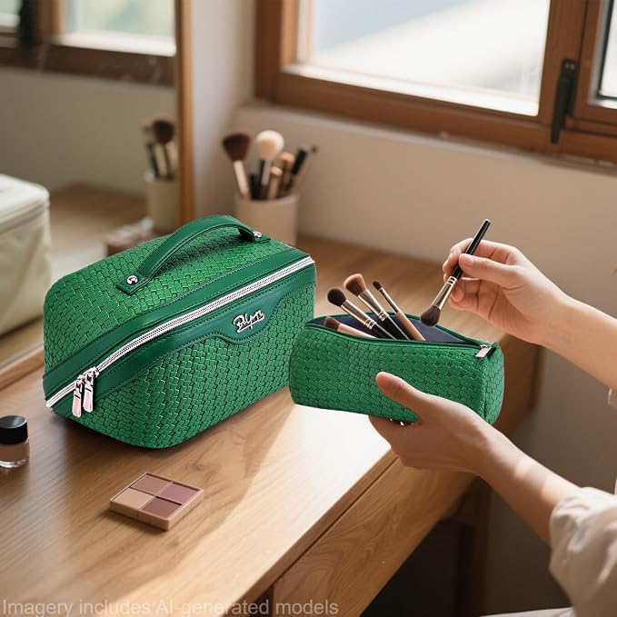 BOYATU Travel Makeup Bag Cosmetic Bags for Women: 3 Pcs Set Make up Bag | Large Capacity Waterproof Vegan Leather Organizer Bags with Compartments - Lay flat Toiletry with Handle (L38 Green)