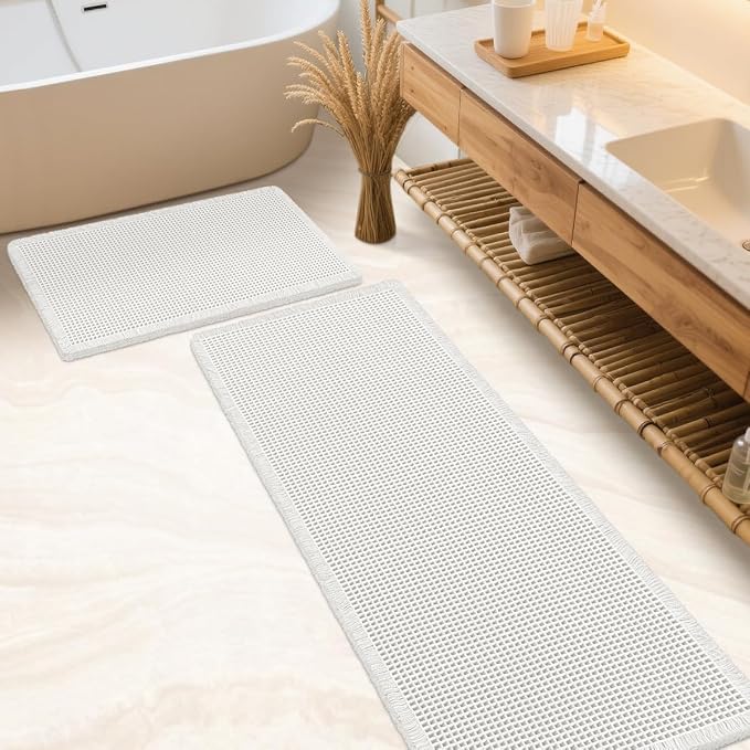 Waffle Bath Mat Set 2 Piece White,Woven Modern Bath Rug Mats, Absorbent Non Slip Bath Floor Mat, Soft Washable Boho Bath Rugs with Tassels for Bathroom, Bedroom, Kitchen,Tub