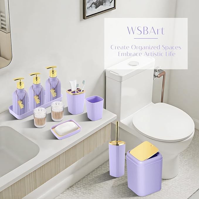 17PCS Bathroom Accessories Set, Purple Bathroom Set Bathroom Accessories Set with Trash Can, Toilet Brush, Toothbrush Holder, Qtip Holder & 3PCS Soap Dispenser