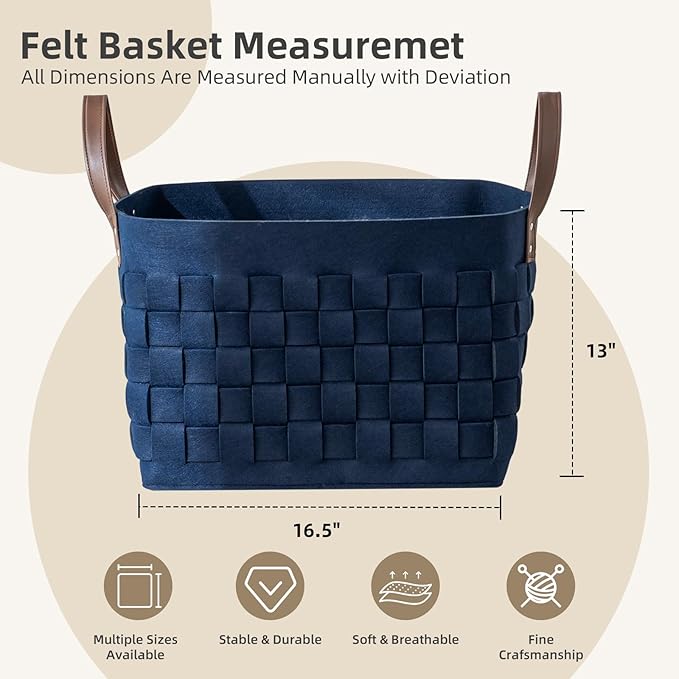 Blankets Basket 16.5 " x13 x13 , Extra Large Rectangular Laundry Hamper with Leather Handle, Soft Dog Toy Basket for Storage-Navy Blue