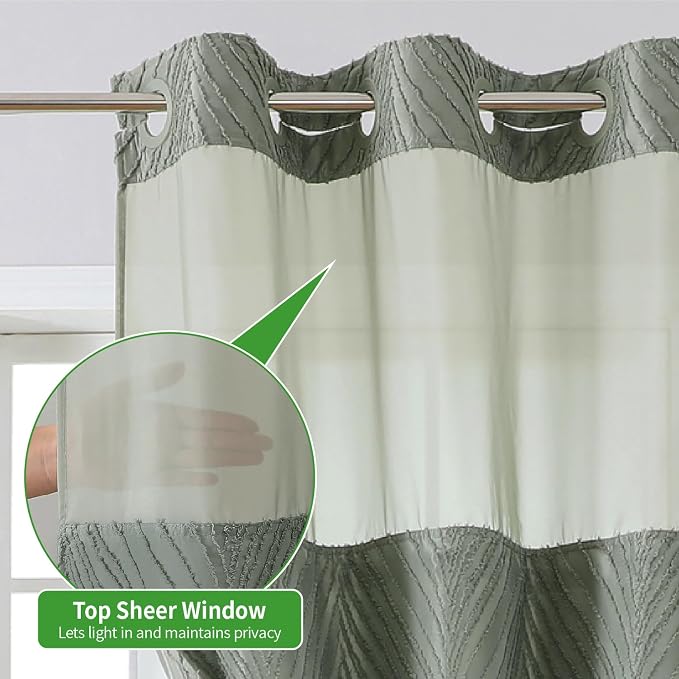 eachope no Hook Shower Curtain and Liner Set，Boho Style with See Through Top Window, SageGreen Fabric Tufted Striped Textured Outer Curtain & Waterproof Inner Liner, SageGreen, 71Wx86H