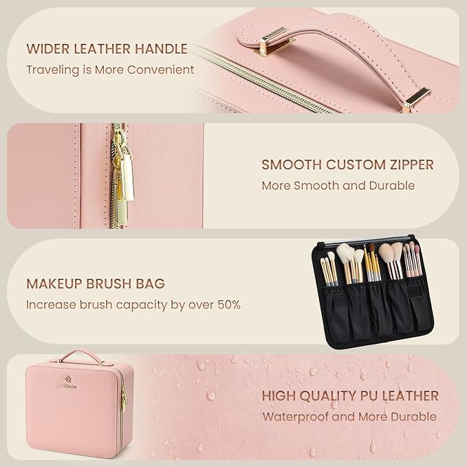 Faquenc Leather Makeup Bag with LED Lighted Mirror 9.64 Inch Travel Makeup Organizer Bag Adjustable Brightness in 3 Colors Cosmetic Case Artist Storage Bag with Dividers Brush Holder Bag Vanity Pink