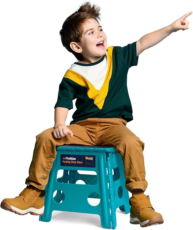 Flottian 13" Folding Step Stool for Adults and Kids Holds Up to 300 lbs,Non-Slip Folding Stools with Handle, Compact Plastic Foldable Step Stool for Bathroom,Bedroom, Kitchen Ocean Blue,1PC