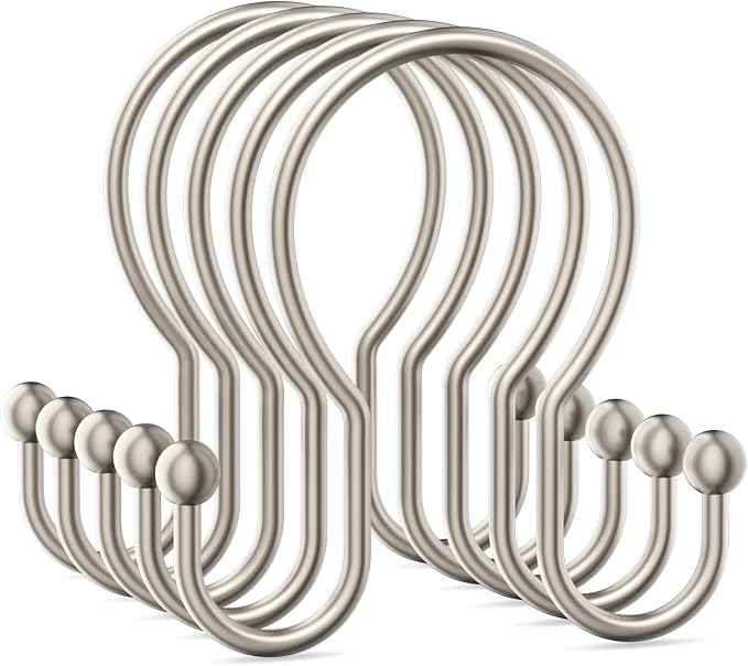OEH Shower Curtain Hooks, 12 Pcs Minimalist Shower Curtain Rings, Metal Shower Curtain Hangers, Double Hook Shower Curtain Hooks Rust Proof, Smooth Sturdy Shower Hooks for Shower Curtain, Matte Nickel
