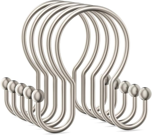 OEH Shower Curtain Hooks, 12 Pcs Minimalist Shower Curtain Rings, Metal Shower Curtain Hangers, Double Hook Shower Curtain Hooks Rust Proof, Smooth Sturdy Shower Hooks for Shower Curtain, Matte Nickel