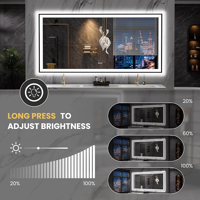LOAAO 84"X40" LED Bathroom Mirror Black Framed | Anti-Fog, Dimmable, Memory Function, Tempered Glass, Lighted Vanity Mirror for Wall