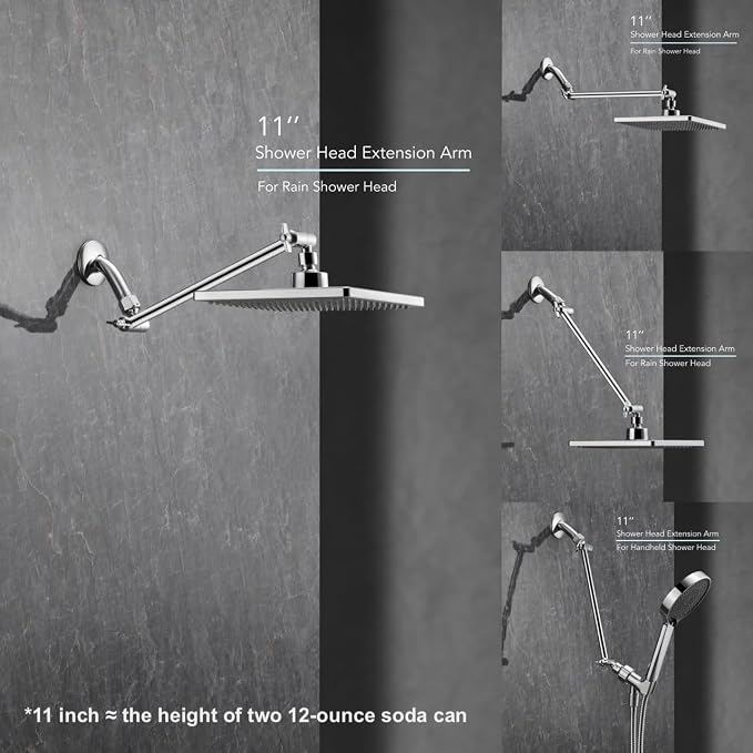 11 Inch Adjustable Shower Head Extension Arm With Locking Set Screw, Singing Rain 304 Stainless Steel Chrome Angle Height Adjustable, Easy Install, G1/2 Universal Connector Compatible (Chrome Finish)