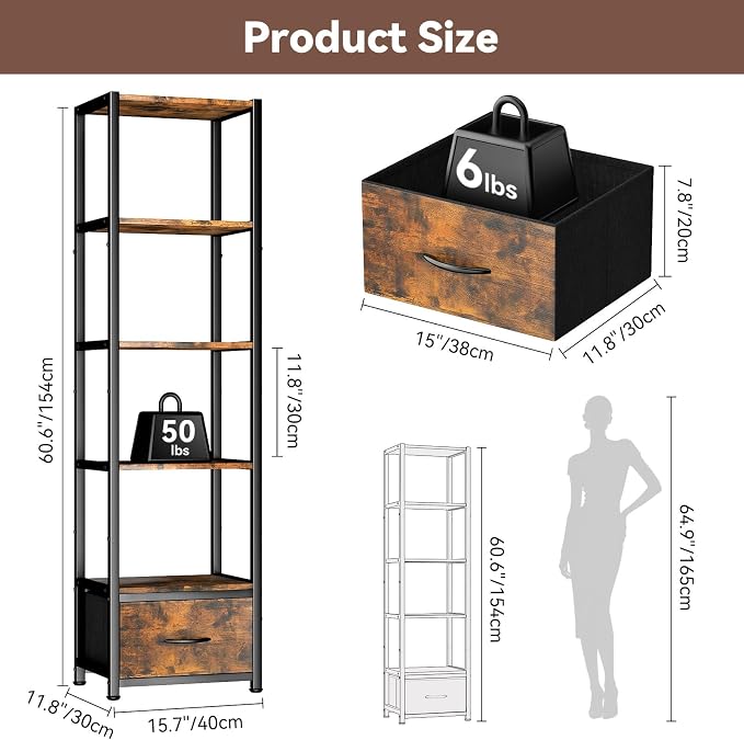 Housolution 6 Tier 60.6" Tall Bookshelf with Storage and LED Light, Brown | Narrow Corner Shelf Stand with Fabric Drawer, Bookcase Storage Organizer, Standing Shelf Unit for Small Spaces
