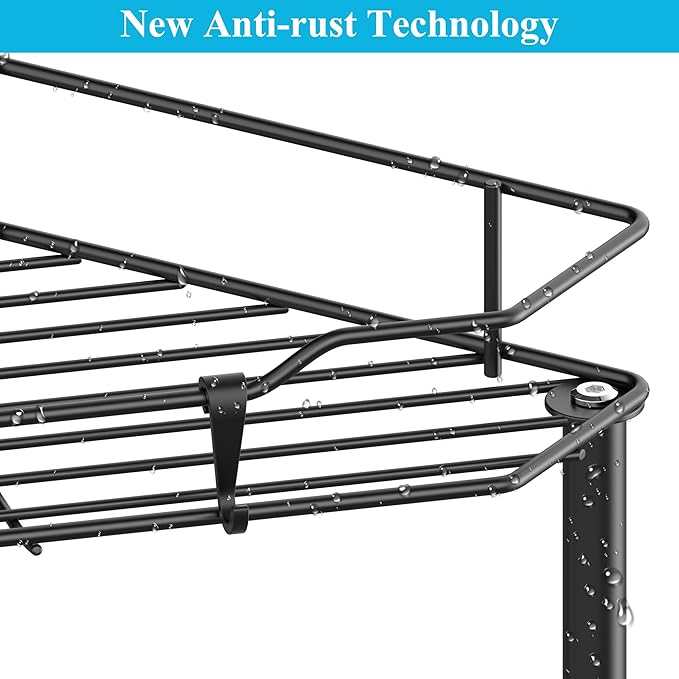Metal Floor Standing Corner Shower Caddy, Matt Black, 2 Tier | Adhesive Bathroom Organizer Shelves, Free Standing Shower Rack with Hooks, Hold Large Shampoo Bottles