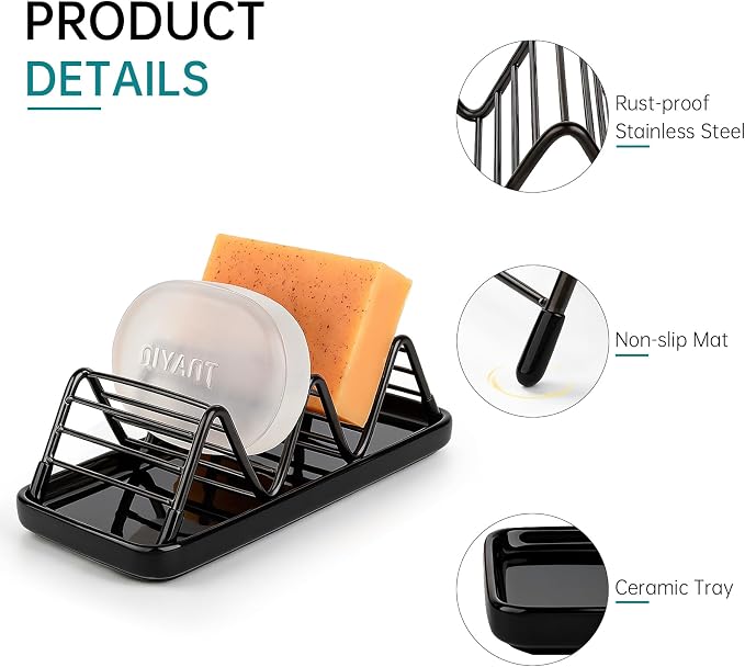 Stainless Steel Soap Dish Draining Soap Holder with Ceramic Tray, Black | Reversible Design Fits 2-3 Bars, Rustproof, Easy to Clean, Space Saving, Non Slip, for Bathroom, Shower, Kitchen