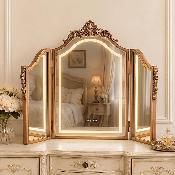 LED Trifold Vanity Mirror 3 Way for Braiding Hair | 3 Color Lighting Dimming, LED Golden Adjustable Arch Triple Fold, Bathroom Bedroom Decor, Thoughtful Gift Option, 31 x 23 In