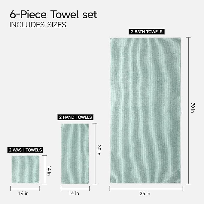 REDKISS 6-Piece Microfiber Bath Towel Set, Ultra Soft, Highly Absorbent & Quick Dry, 35x70 Inch Oversized, sage Green Towels for Bathroom, Spa, Gym, 2 Bath 2 Hand 2 Washcloths