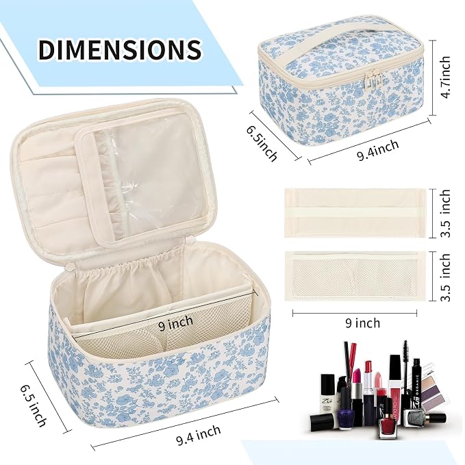 Makeup Bag Portable Cosmetic Bag For Women, Large Capacity Travel Makeup Case Organizer, Toiletry Bag for Girls Traveling With Handle and Divider-Flowers