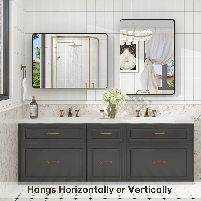 20x30 Inch Black Framed Bathroom Mirror for Wall, Matte Metal Framed Wall Mirror, Rounded Corner Rectangle Bathroom Vanity Mirror, Anti-Rust, Shatterproof (Horizontal/Vertical) | Matte Black Bathroom Vanity Mirror, Rounded Rectangle, Anti-Rust, Shatter...