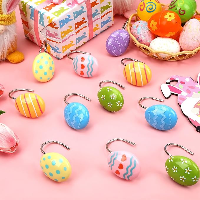 12 Pcs Easter Shower Curtain Hooks Colorful Egg Bathroom Decor | 12 resin and metal Easter egg shower curtain hooks, fit rods up to 1.2 inches,reusable, easy install for spring party decor
