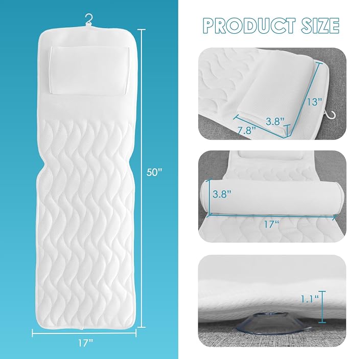 AEROiVi Full Body Bath Pillow with Lumbar Pillow Bathtub Cushion with 14 Suction Cups 3D Air Mesh Fit Any Tub Luxury Bathroom Accessories | Relaxing Soft Bathtub Cushion with laundry bag 3D Air Mesh Fit Any Tub Bathroom Accessories Washable Quick-Dry