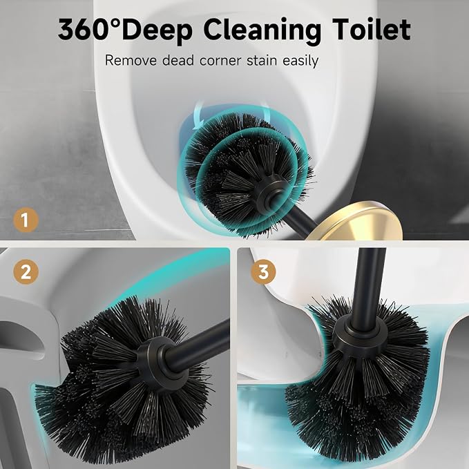 Brushed Gold Toilet Brush and Holder，Extra Long Handled Toilet Brush for Bathroom，Stainless Steel Heavy Duty Toilet Bowl Brush,Deep Cleaning Modern Toilet Cleaner Brush -Space Saving, Covered Brush