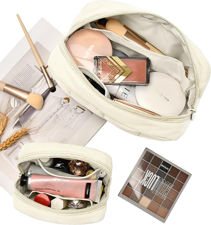 2 Pcs Makeup Bag Travel Toiletry Bag for Women Puffy Padded Cosmetic Pouch Purse Wide-open Makeup Organizer Case Travel Essentials