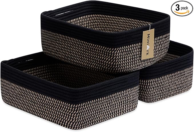 MiniArk Large Shallow Organizing Baskets 15x11x5.1 Inches - Rope Woven Storage Bins for Bathroom, Shelves, Cube Closet, Black Woven Brown 3 Packs
