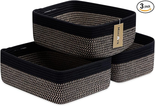 MiniArk Large Shallow Organizing Baskets 15x11x5.1 Inches - Rope Woven Storage Bins for Bathroom, Shelves, Cube Closet, Black Woven Brown 3 Packs