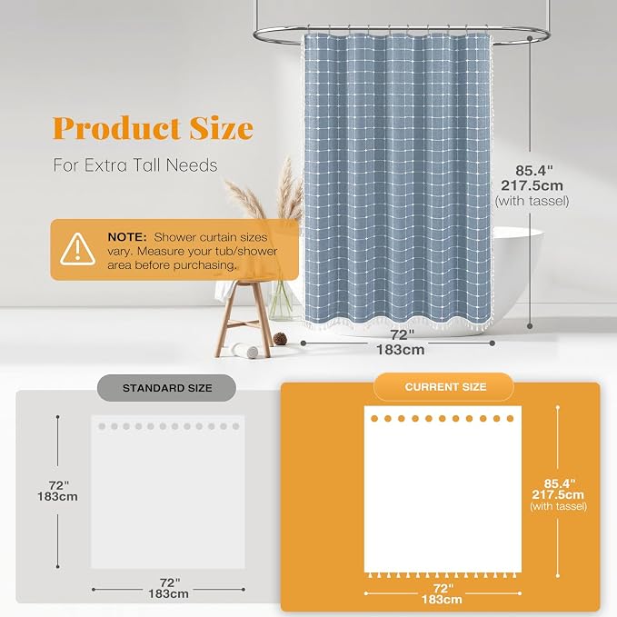 Long Boho Farmhouse Linen Heavy Duty Cloth Shower Curtain, 72x84, Blue | Tall Size, 330GSM Linen Blend, 3-side Tassels, Water Repellent Fabric, 12 Plastic Hooks, Rustic Bohemian, Machine Washable